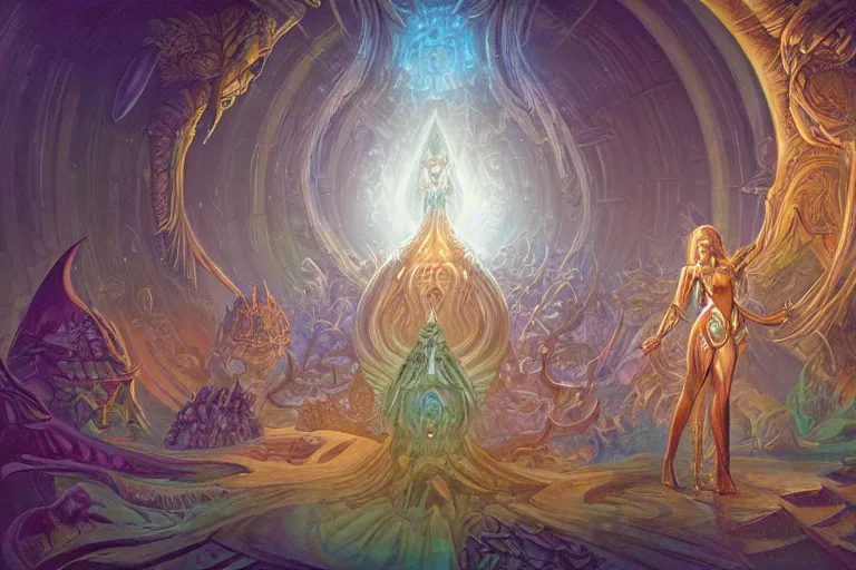 Prompt: suggestive award winning mtg illustration by terese nielsen of a large group of people entering the glowing doorway of a massive vulva - shaped temple constructed of carved iridescent pearls and house - sized crystals of impossible architecture floating in the astral plane, trending on cgsociety.