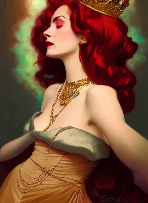 Prompt: ombre velvet gown, face by leyendecker, lovely queen, portrait, long red hair, small crown, dozens of jeweled necklaces, feral languid woman, by greg rutkowski, anato finnstark, alphonse mucha, global illumination, radiant light