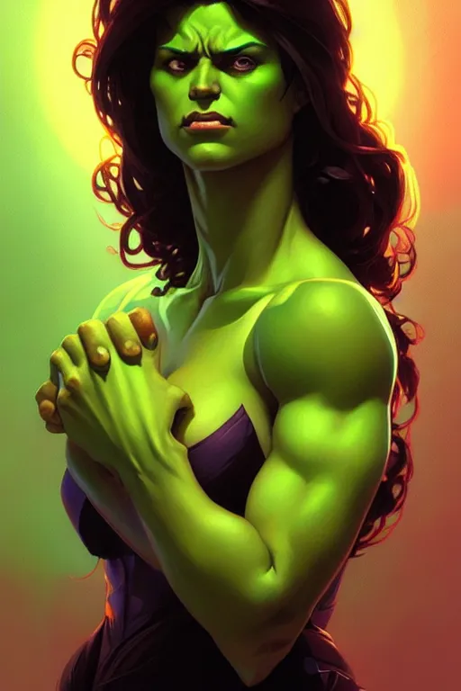 Prompt: a portrait of she - hulk, fantasy, sharp focus, intricate, elegant, digital painting, artstation, matte, highly detailed, concept art, illustration, ambient lighting, art by ilya kuvshinov, artgerm, alphonse mucha, and greg rutkowski