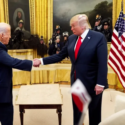 Image similar to joe biden shaking hands with donald trump, photorealistic, 4 k