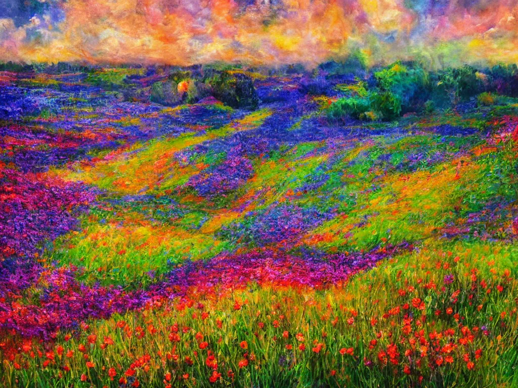 Image similar to an impressionist painting of a gorgeous meadow filled with colorful mushrooms with a stream flowing through it, psychedelic colors, colorful sky in background, high detail, trending on artstation