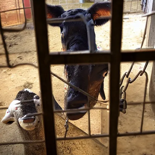 Image similar to chained calf inside a cage watching a bottle of milk