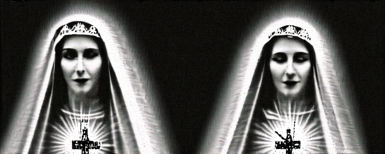 Image similar to vhs static overlay of marian apparition, vhs, 1 9 9 0, highly realistic, highly detailed, vhs noise static, black and white, vhs glitch