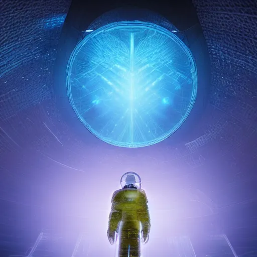 Prompt: A space wizard stand in front of giant, glowing crystal sits in the center of a dark room, Strange symbols line the walls, and a soft light glows from somewhere deep within the room, highly detailed, digital photo, HDRI, by christopher bretz and kael ngu, vivid colors, high contrast, 8k resolution, intricate, photorealistic, smooth, psychedelic color scheme, concept art, award winning, behance contest winner