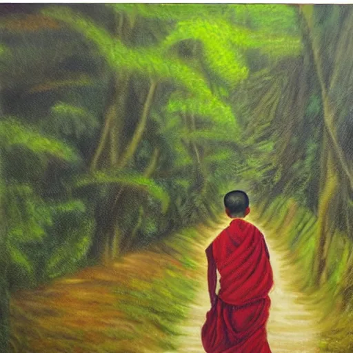 Image similar to painting by richa kashelkar of a young buddhist monk walking down a narrow road in jungle early morning