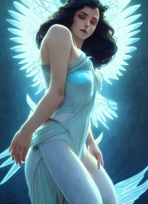 Image similar to a beautiful cinematic female archangel queen, fantasy sea landscape, fantasy magic, short aqua blue black fade hair, dark light night, intricate, elegant, sharp focus, illustration, highly detailed, digital painting, concept art, matte, art by WLOP and Artgerm and Greg Rutkowski and Alphonse Mucha, masterpiece