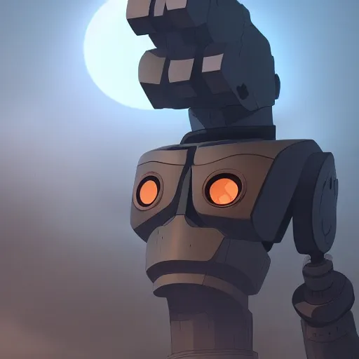 Prompt: Iron giant staying in a giant mountain during foggy weather and a planet in the sky, award winning, trending on artstation, unreal engine