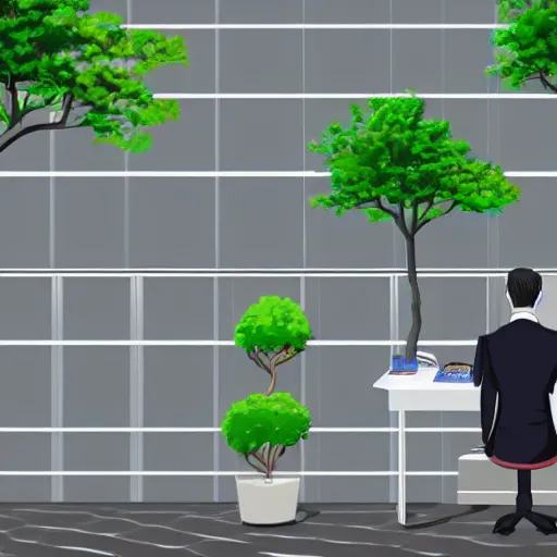 Prompt: a worker wearing a suit is contemplating life in front of his desk, it is all inside a small depressive cubicle which is completely surrounded by beautiful nature, anime style