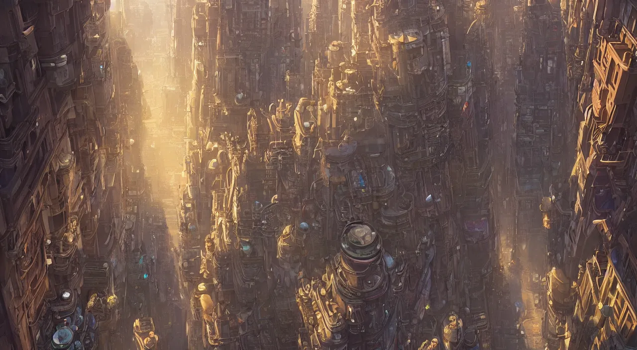 Prompt: a street level painting looking down with high detail, sci - fi colorful victorian megacity at golden hour with sharp shadows by tyler edlin and sparth, 4 k, vray, art nouveau influences. roger deakins, cinematic cinematography.