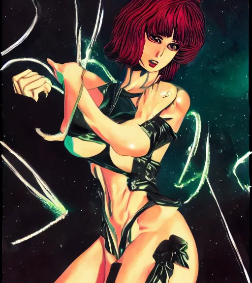 Prompt: guido crepax painting of an anime woman, direct flash photography at night, film grain