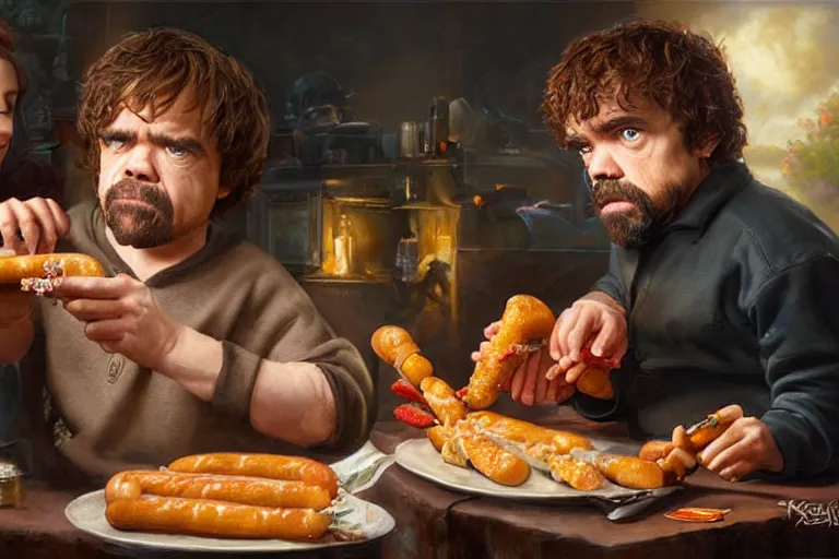 Image similar to portrait of peter dinklage sharing hotdogs with scarlett johansson, an oil painting by ross tran and thomas kincade