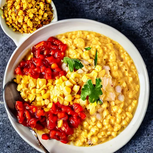 Prompt: A plate of maize porridge with tomato and onion relish, professional photography, 8k, food photography