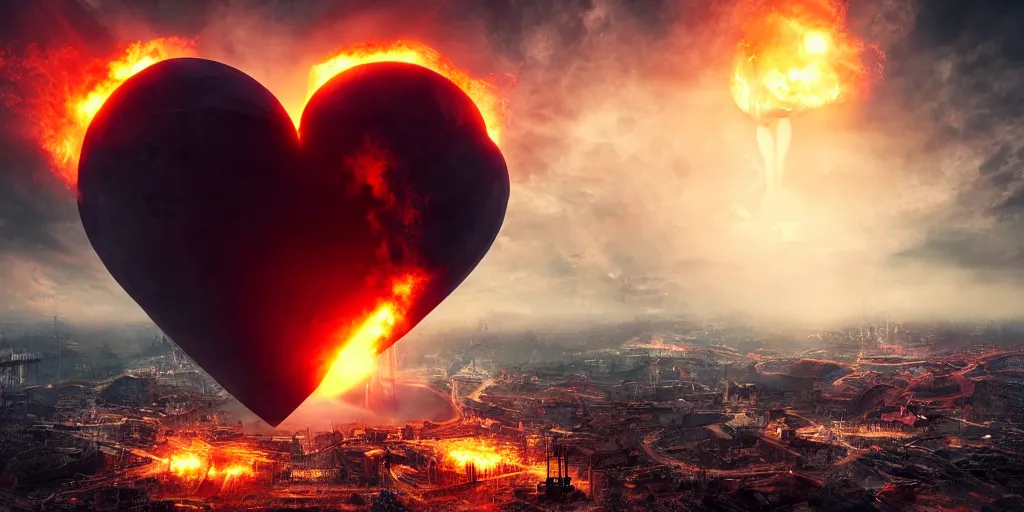 Image similar to Nuclear bomb in the shape of a heart , realistic 4k octane beautifully detailed render, 4k post-processing, highly detailed, intricate complexity, epic composition, magical atmosphere, cinematic lighting, masterpiece, ultra hd