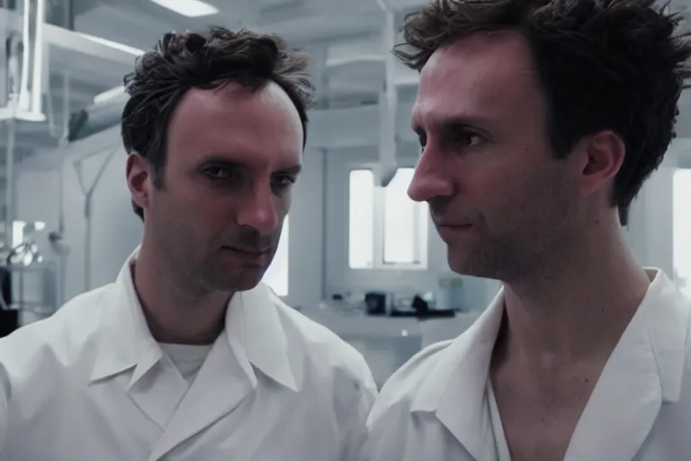 Image similar to movie closeup polar opposites, couple, researchers in a futuristic weapons lab, beautiful skin, Symmetrical faces. Beautiful lighting by Emmanuel Lubezki