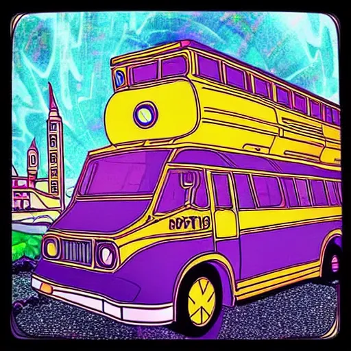 Image similar to magic school bus, trippy, instagram, beautiful, wavy bus