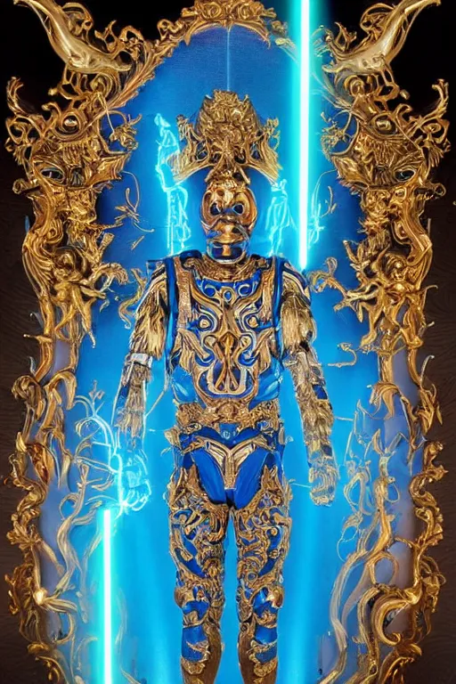 Image similar to full-body sculpture of a young handsome Colombiano prince as a half cibernetic android with a glowing blue battery in his chest, white laser beam coming out of his eyes, crown of giant diamonds, flowing neon-colored silk, fabric, raptors, in a cyperbunk and baroque style. baroque elements. full-length view. baroque element. intricate artwork by caravaggio. many many birds birds on background. Trending on artstation, octane render, cinematic lighting from the right, hyper realism, octane render, 8k, depth of field, 3D