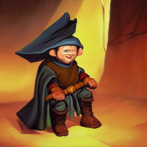 Image similar to An oil painting by Beeple of a Halfling thief, scared face, handsome, dressed in a cloak