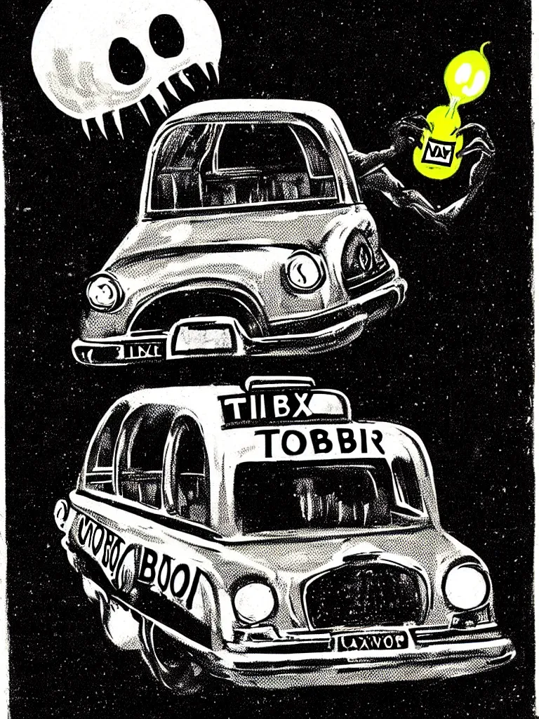 Prompt: Vintage Horror Illustration of a Blob Creature Consuming a Taxi Cab. Glowing , Spooky lighting , Pinterest