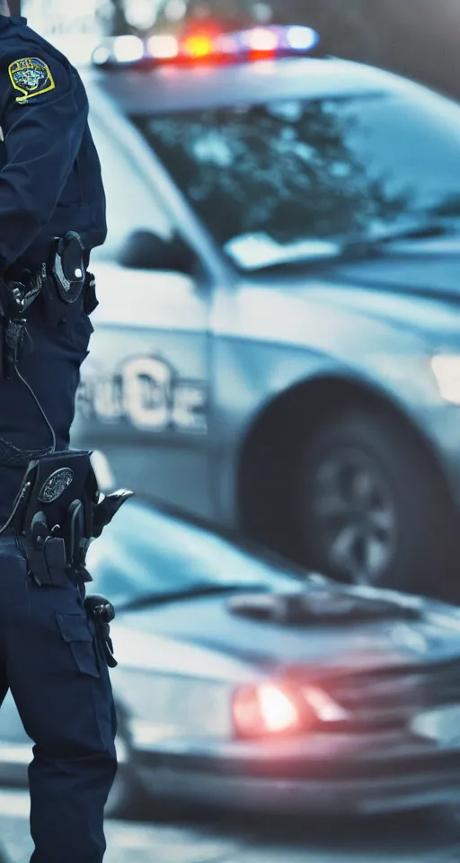 Image similar to man getting arrested by police, police car in background with bright police sirens, lens glare, dramatic lighting, cinematic, establishing shot, extremely high detail, photo - realistic, cinematic lighting