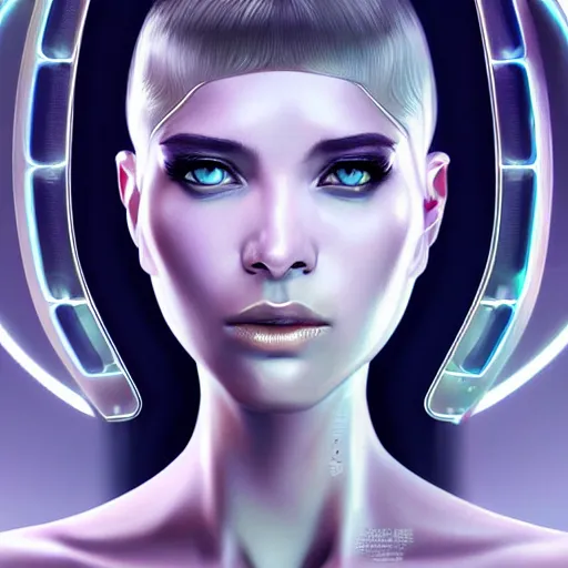 Image similar to futuristic woman android portrait, sci-fi female, striking azure eyes, face, short platinum hair, cyberpunk femme fatale, intricate, elegant lady with alabaster skin, highly detailed gold filigree, digital painting, artstation, concept art, smooth, sharp focus, illustration, studio photo by artgerm and greg rutkowski and alphonse mucha:3, overexposed, dark, gray, monochrome:-1