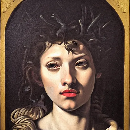 Image similar to Caravaggio-style portrait of Medusa