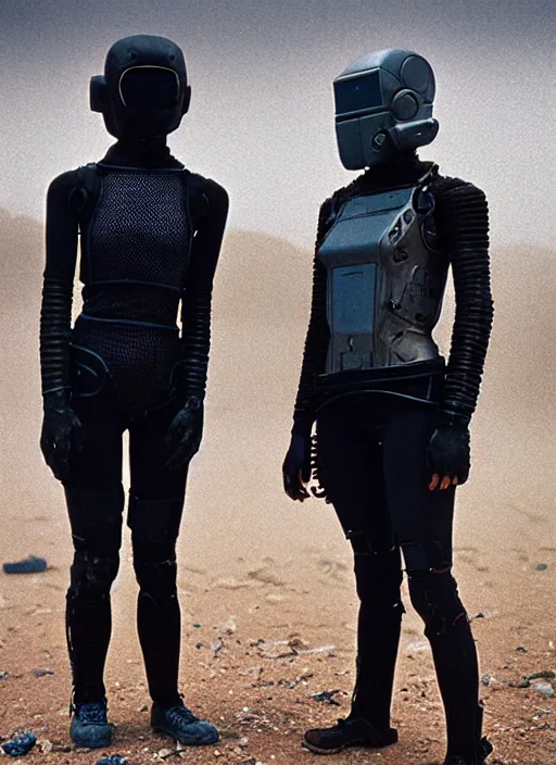 Image similar to cinestill 5 0 d photographic portrait by helen levitt of two loving female androids wearing rugged black mesh techwear on a desolate plain, extreme closeup, modern cyberpunk, dust storm, 8 k, hd, high resolution, 3 5 mm, f / 3 2, ultra realistic faces, ex machina