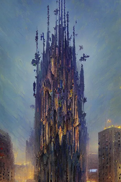 Prompt: A painting of a skyscraper designed by Antoni Gaudí, by greg rutkowski and thomas kinkade