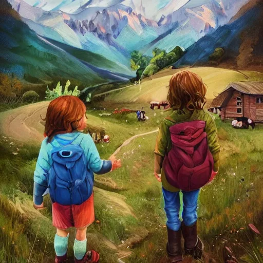 Prompt: children on a trip, mountains, fields, highly detailed, artstation, by alena aleani