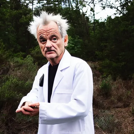 Image similar to !dream the roll of Rick Sanchez will be played by Bill Murray, spikey hair, white lab coat, photography