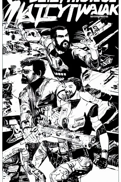 Prompt: billy mays action pose, a page from cyberpunk 2 0 2 0, style of paolo parente, style of mike jackson, adam smasher, johnny silverhand, 1 9 9 0 s comic book style, white background, ink drawing, black and white, colouring pages