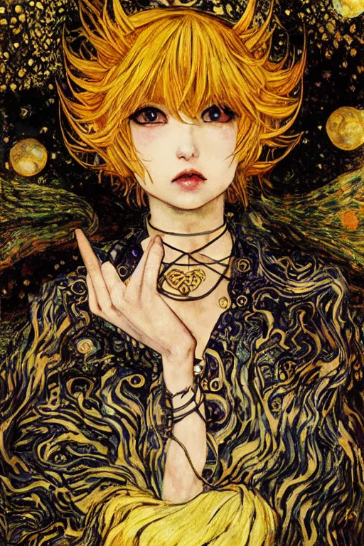 Image similar to Kirisame Marisa from touhou, official artwork, danbooru, by Karol Bak, Jean Deville, Gustav Klimt, and Vincent Van Gogh, Surreality, fractal structures, arcane, ornate gilded medieval icon