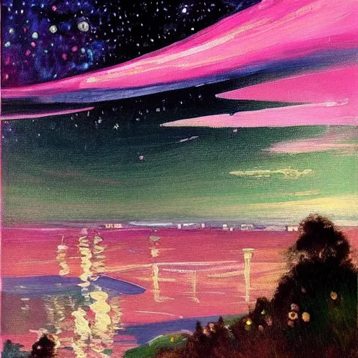 Prompt: A beautiful painting featuring a night sky filled with stars, and a small town in the distance. The painting is very peaceful and calming Pexels, Baker-Miller pink, retrowave by Magnus Enckell, by John Lavery wondrous, Trending on artstation