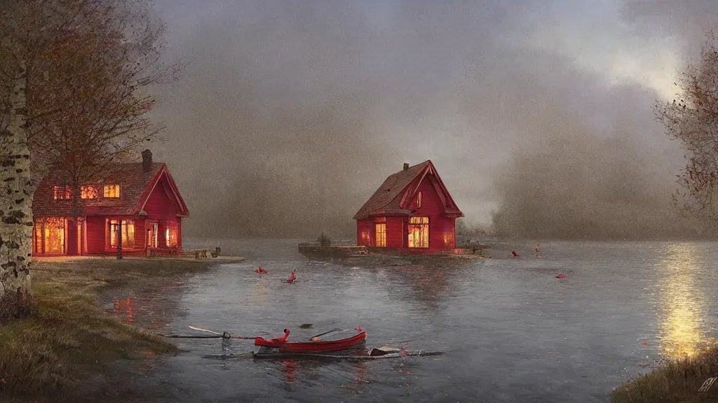 Image similar to small red wooden cottage by the lake, lanterns in the front of the cottage, smoke coming out of the chimney, dusk, birch trees, tranquility, two swans swimming in the lake, a rowing boat, by Greg Rutkowski, by Charlie Bowater