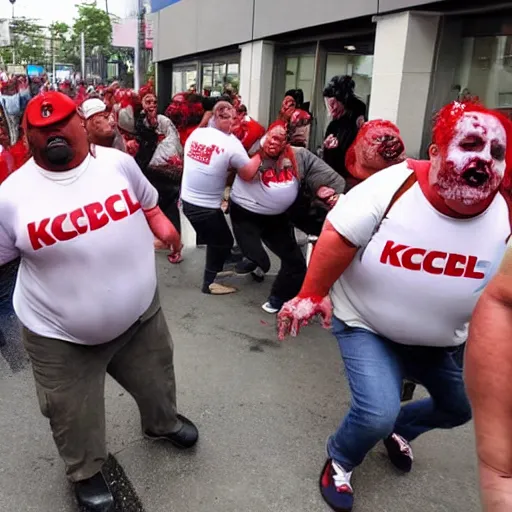 Prompt: a horde of obese zombies trying to get into a barricaded KFC.