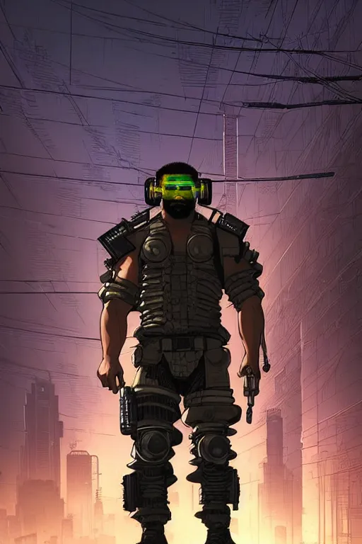 Prompt: Dangerous Tojo. buff Samoan cyberpunk mercenary wearing a cyberpunk tactical headset and military vest. AR-15. square face. Realistic Proportions. Concept art by James Gurney and Laurie Greasley. Moody Industrial skyline. ArtstationHQ. Creative character design for cyberpunk 2077.