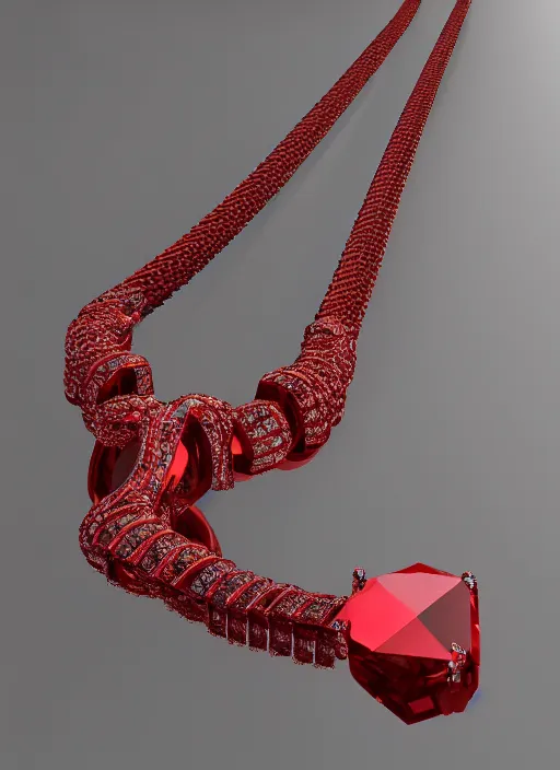 Image similar to object render of a black necklace with a fiery red diamond pendant, Unreal 5, DAZ, hyperrealistic, octane render, dynamic lighting