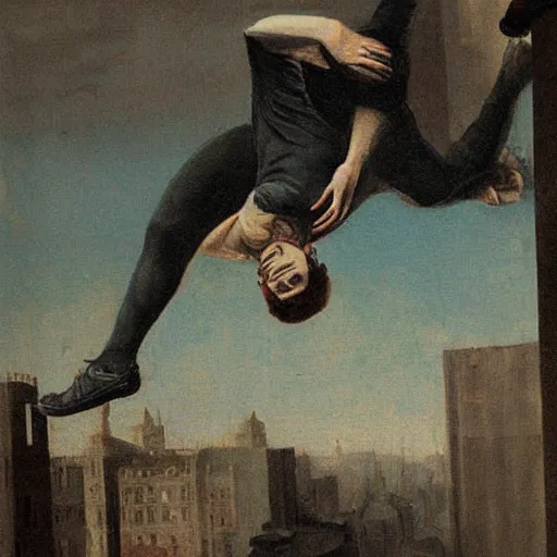 Image similar to falling from a building. guy. artwork. romanticism era.