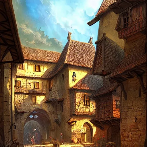 Image similar to a beautiful medieval village by Marc Simonetti