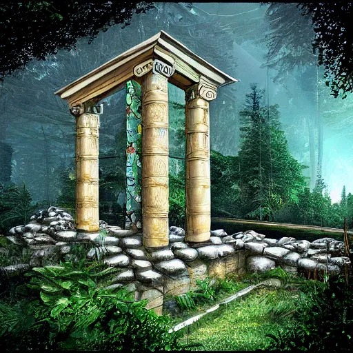 Image similar to roman structure in the forest, epic retrowave art, trending on art station