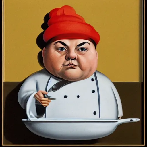 Prompt: a very fat chef offers you pasta by Raphael, Hopper, and Rene Magritte. detailed, romantic, enchanting, trending on artstation.