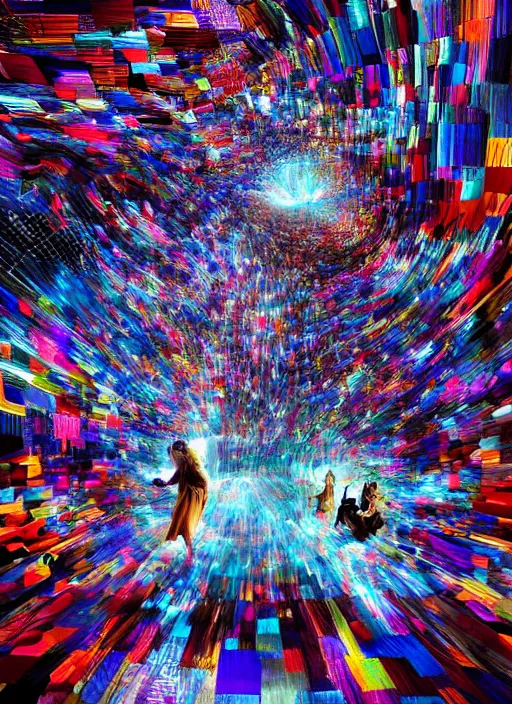 Image similar to cinematic epic shot, groups of happy humans, hyper realistic, detailed flow of beautiful digital paintings from hands, vortex of large squares and rectangles, text morphing into images, highly detailed, super realistic, perfect lighting pixel sorting, style sheet