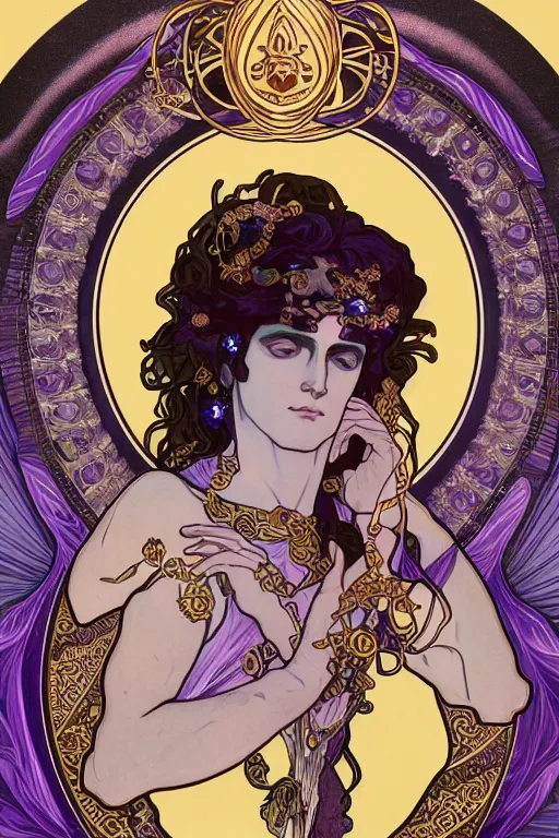 Image similar to thanatos, beautiful male god of death, closed eyes, long hair, wearing ornate violet clothes, gold jewelry, moon, by Alphonse Mucha, super detailed, 4k, illustration