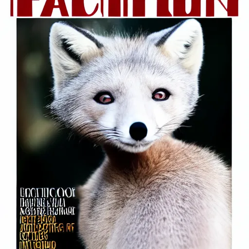 Image similar to fashion magazine cover, featuring anthropomorphic Arctic Fox dressed formally