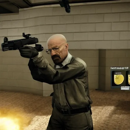 Prompt: walter white with a p 9 0 submachine gun in csgo, video game, third person, shooting at distant targets, high resolution