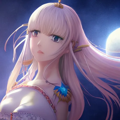 Image similar to portrait of the goddess of the moon, anime fantasy illustration by tomoyuki yamasaki, kyoto studio, madhouse, ufotable, square enix, cinematic lighting, trending on artstation