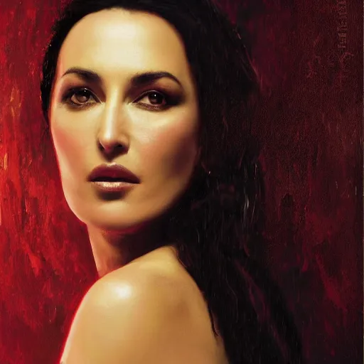 Image similar to majestic gracious regal aristocratic raven haired monica bellucci as the roman - greece vampire pandora portrait, indoors, atmospheric lighting, painted, intricate, volumetric lighting, beautiful, rich deep colours masterpiece, sharp focus, ultra detailed, by leesha hannigan, ross tran, thierry doizon, kai carpenter, ignacio fernandez rios