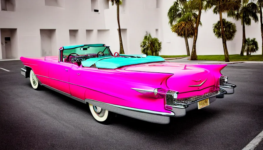 Prompt: highly detailed photograph of a 1 9 5 9 cadillac eldorado biarritz convertible, pink on a miami art deco hotel street with fat white haired women sitting inside laughing, vivid colors, 8 k resolution, hd