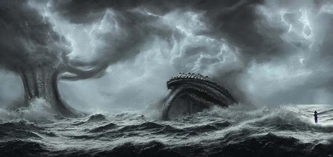 Image similar to wild ocean storm at night, a giant kraken emerging from water, dramatic lighting, cinematic, establishing shot, extremly high detail, foto realistic, cinematic lighting, post processed, concept art, artstation, matte painting, style by eddie mendoza, raphael lacoste, alex ross