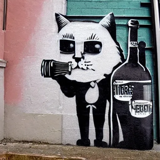 Prompt: Street art of an alcoholic cat who drink wine, by banksy