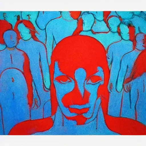 Prompt: a red person inside a giant herd of blue people, symbolist, visionary, dreamlike